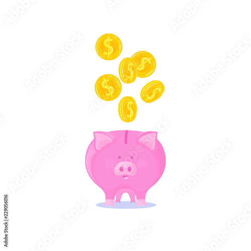 Pink piggy bank with falling gold coins.