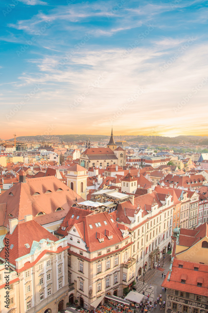 Beautiful view of tiled roofs in Prague's historic district, Czech Republic