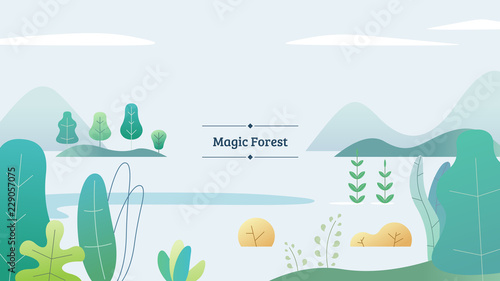 Fototapeta Naklejka Na Ścianę i Meble -  Flat magic forest template. Fantasy space. Autumn time. Modern style vector illustration for landing page, website, banners and presentation.