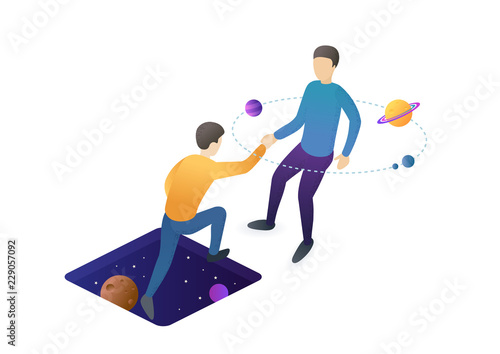 Man help his friend climb up from the galaxy hole (work process). Teamwork deadline concept. Modern style vector illustration for landing page, website, banners and presentation.