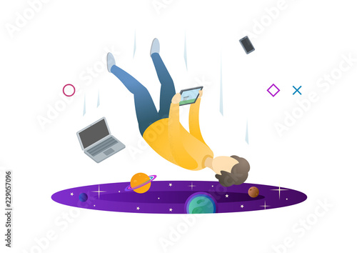 Concept of a journey through time. Man falling in the portal. Virtual game addiction. Modern style vector illustration for landing page, website, banners and presentation.