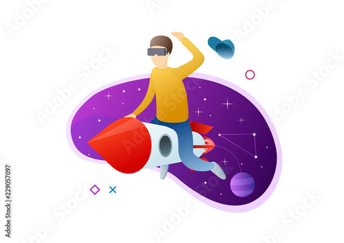 Young hipster man use virtual reality glasses. Businessman flying on the rocket in internet space. Startup project template. Modern style vector illustration for landing page, website and banners.
