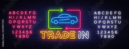 Car Trade In neon sign vector. Rent Car Design template neon sign, light banner, neon signboard, nightly bright advertising, light inscription. Vector illustration. Editing text neon sign