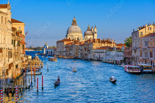 Grand Canal with Basilica di Santa Maria della Salute in Venice, Italy. View of Venice Grand Canal. Architecture and landmarks of Venice. Venice postcard