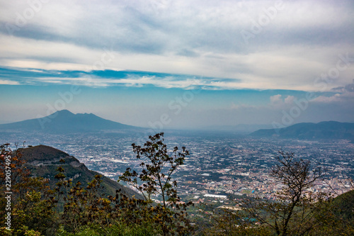 View of the valley from the Regional Park of Monti Lattari, Pompeii and Mount Vesuvius in the background. In the province of Salerno, on the Amalfi coast.