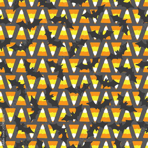 Seamless repeat pattern halloween bats and candy corns great for halloween party decor, fabric, costumes and more.