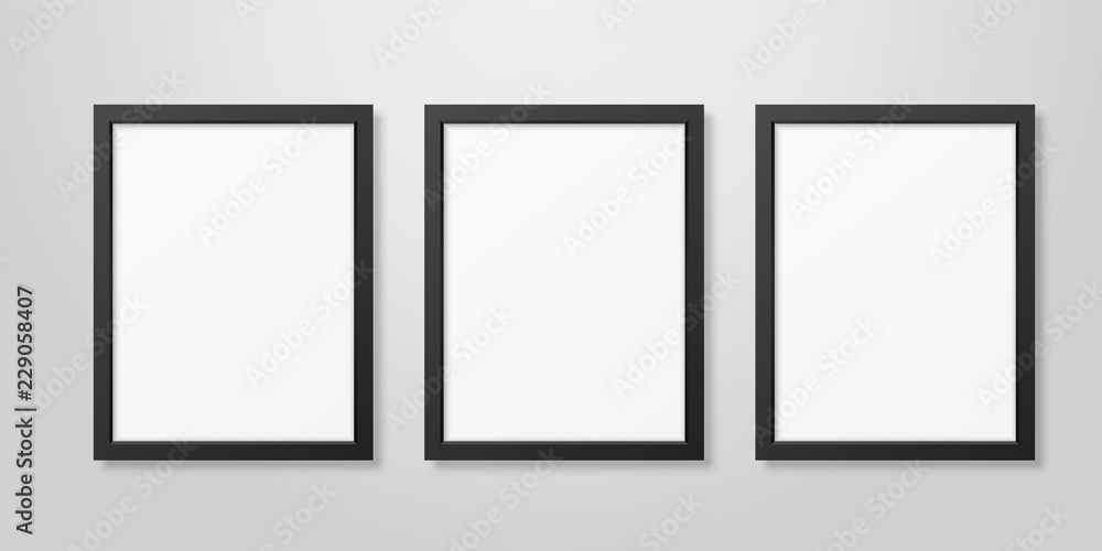 Three Vector Realistic Modern Interior Black Blank Vertical A4 Wooden Poster Picture Frame Set Closeup on White Wall Mock-up. Empty Poster Frames Design Template for Mockup, Presentation Three Vector Realistic Modern Interior Black Blank Vertical A4 Wooden Poster Picture Frame Set Closeup on White Wall Mock-up. Empty Poster Frames Design Template for Mockup, Presentation