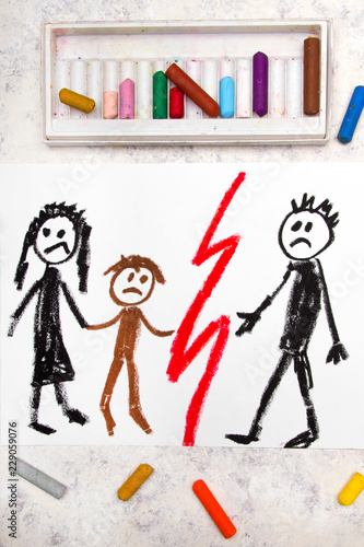 Colorful drawing: Representation of marriage break up or divorce. photo