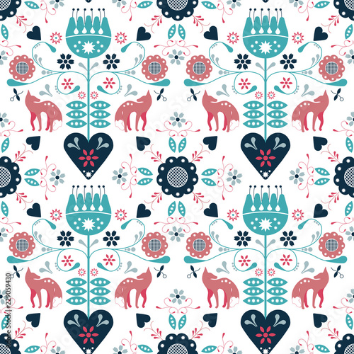 Seamless repeat pattern nordic folk art with fox and hearts and flowers