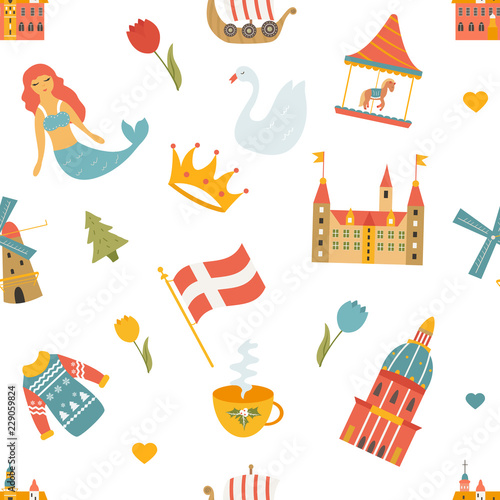 Seamess pattern with danisg symbols, buildings