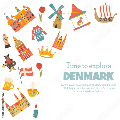 Banner with danish symbols, famous places