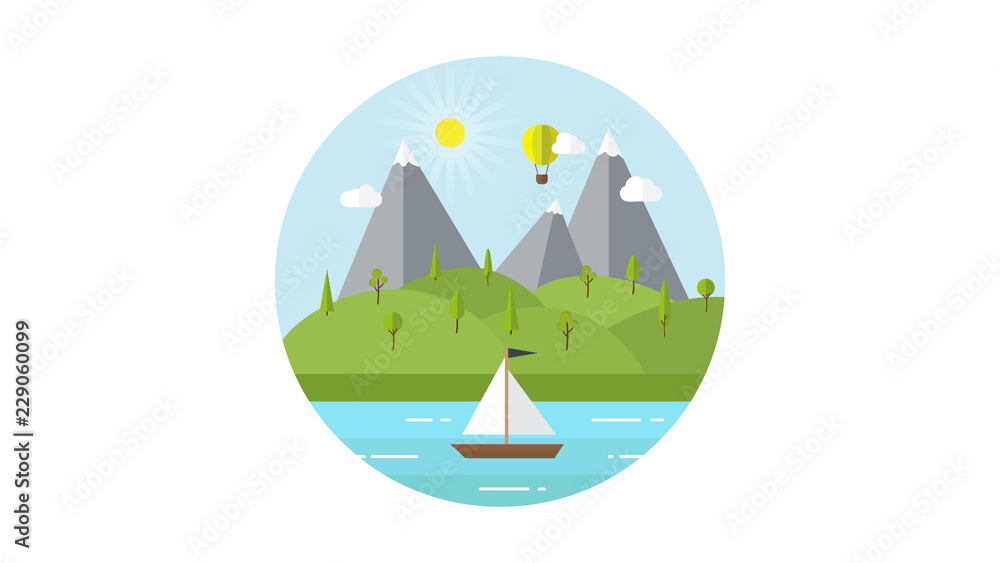 Fototapeta premium summer vacation landscape island boat coast nature vector illustration