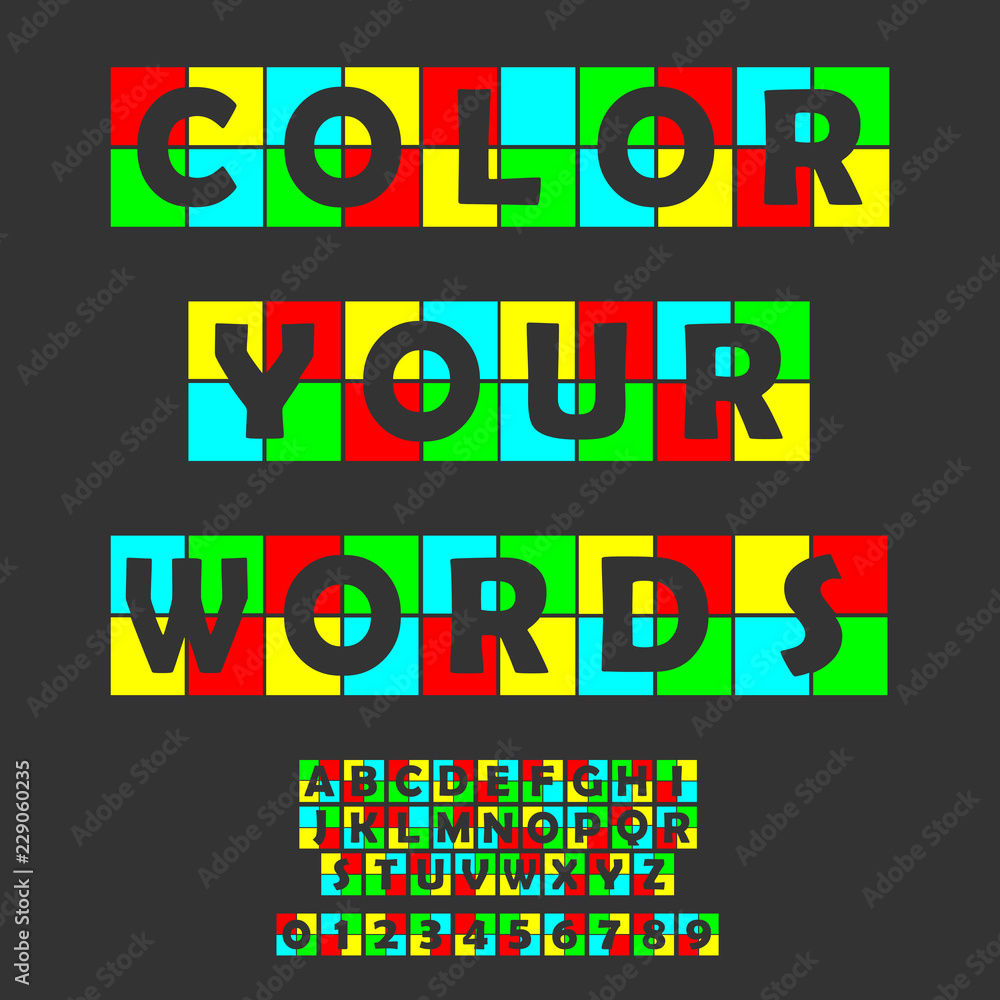 Colorful letters and numbers set. Colored vector latin alphabet.Rainbow color font.Color paper applique ABC typography