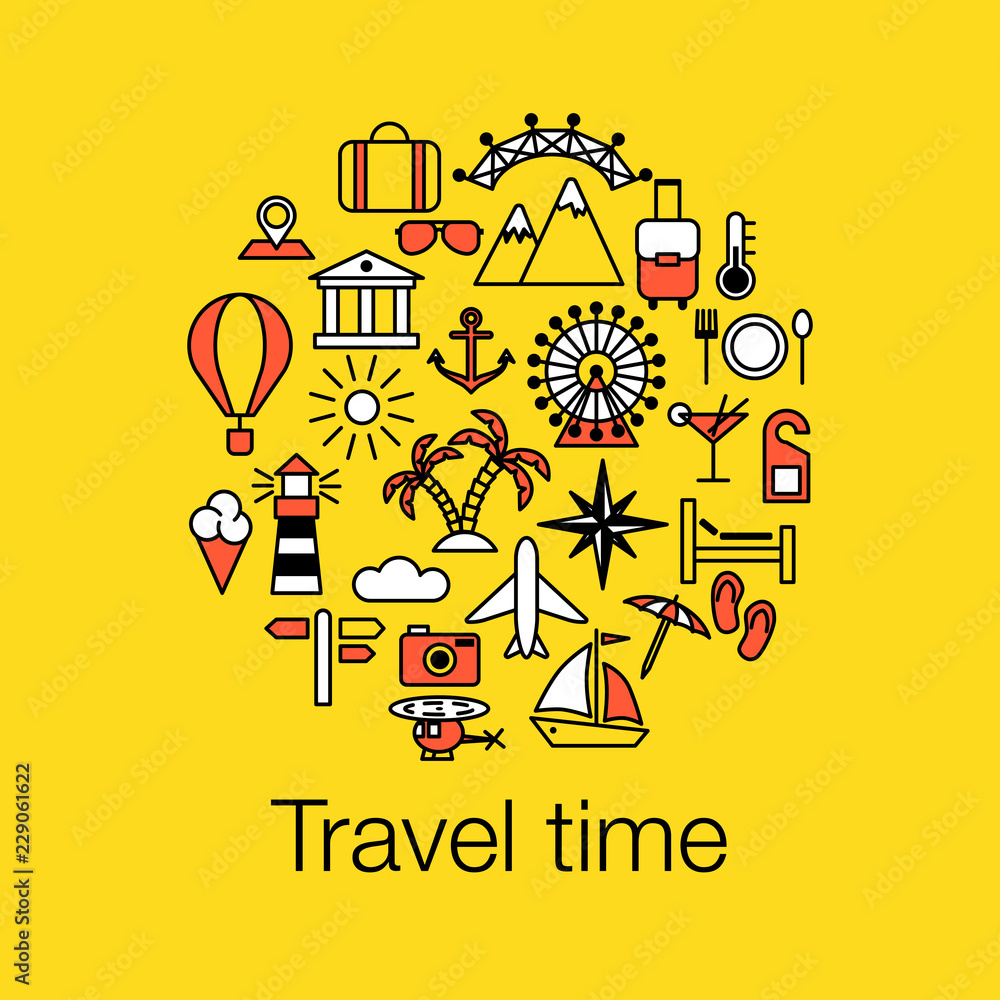 Flat colored outline graphic image concept, website elements layout of Time to Travel