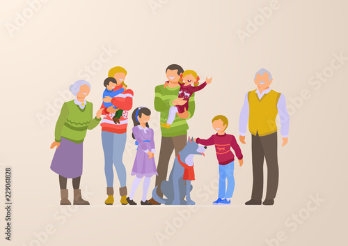 Flat Family portrait vector illustration. Parents grandparents