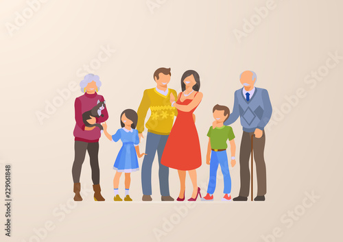 Flat Family portrait vector illustration. Parents grandparents