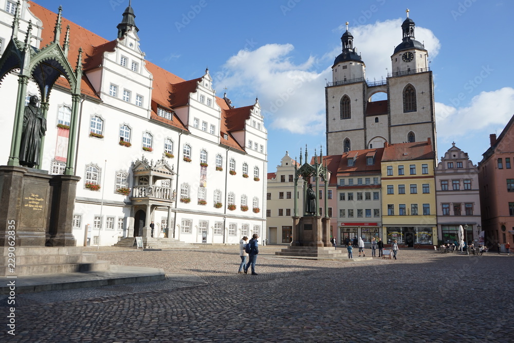 Wittenberg Colorful Market Square, Rathaus, City Church,Martin Luther Statue  Lutherstadt Wittenberg Germany