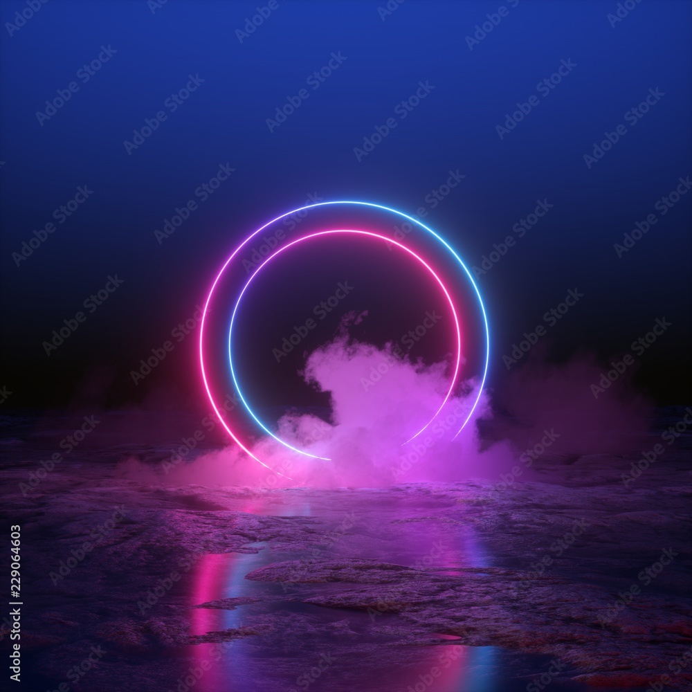 3d render, abstract background, round portal, pink blue neon lights,  virtual reality, circles, energy source, glowing rings, blank space, frame,  ultraviolet spectrum, laser show, smoke, fog, ground Stock Illustration |  Adobe Stock