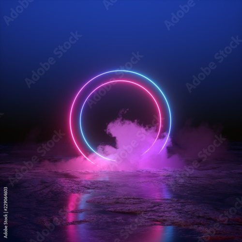 3d render, abstract background, round portal, pink blue neon lights, virtual reality, circles, energy source, glowing rings, blank space, frame, ultraviolet spectrum, laser show, smoke, fog, ground