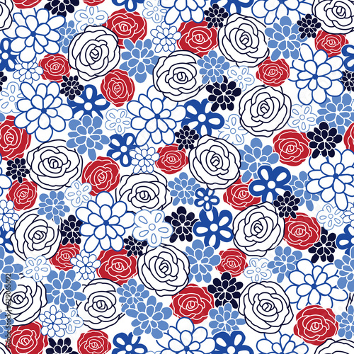 Seamless repeat pattern tossed flower texture with blue white and red roses and hand drawn flowers. Great for fabric, paper products, stationary, home decor and more.