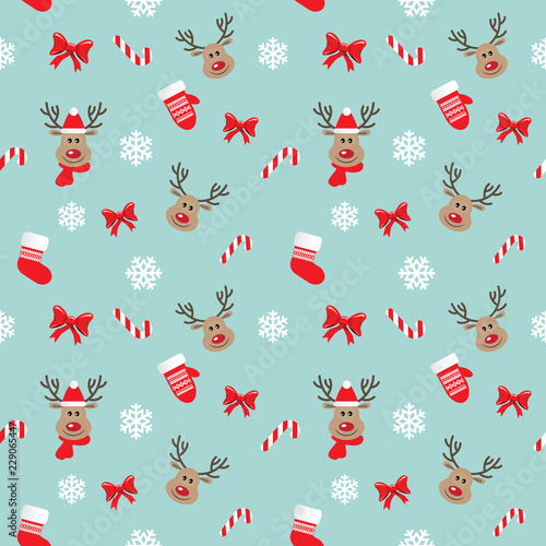 Christmas and New Year pattern with deers, mittens, bows and snowflakes.