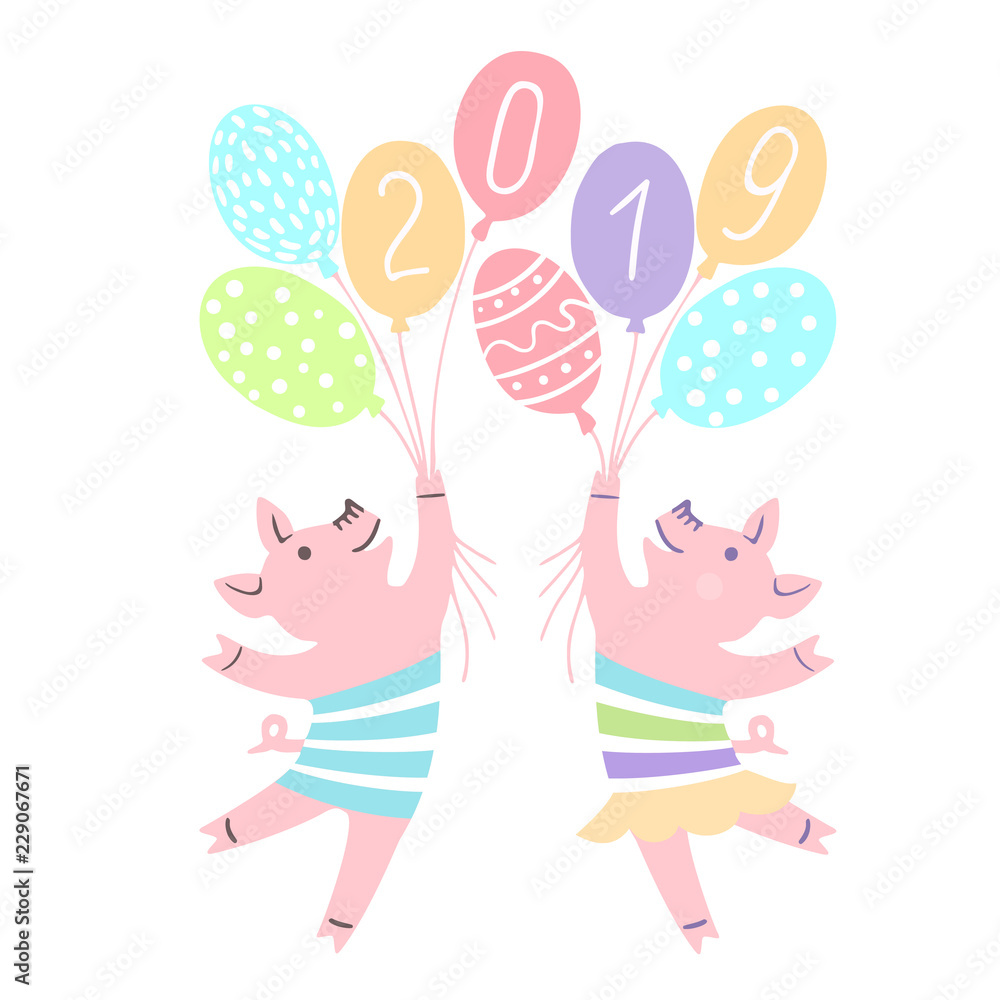A balloon flying pig with the inscription 2019 Card with cute pig. Baby animal character. Can be used print print for t-shirts, home decor posters cards 2019. A balloon flying pig with the inscription 2019 Card with cute pig. Baby animal character. Can be used print print for t-shirts, home decor posters cards 2019.
