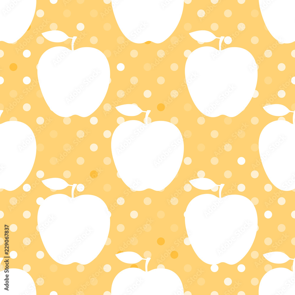 Apple white silhouette on a yellow polka dot. Seamless pattern. Vector illustration.
