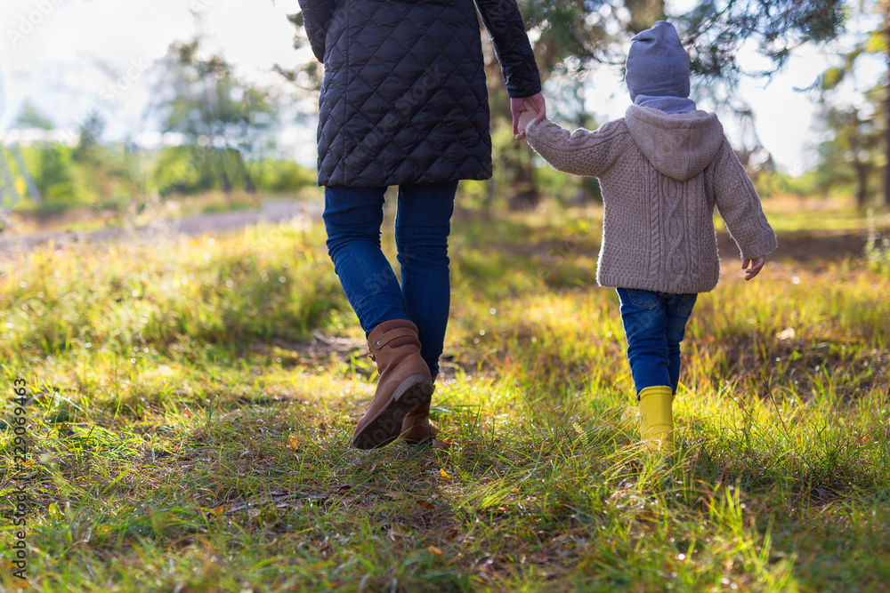 Mother holding her kid's hand while having a walk in the woods Mother holding her kid's hand while having a walk in the woods