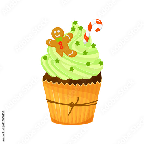Sweet Christmas and New Year cupcake with cane and gingerbread. Creative element for your design. Vector illustration.