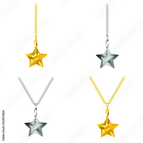 Set of Golden and Silver Pendants. Chain with Star Isolated on White Background. 3D Illustration