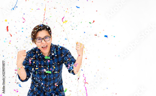 Party People Surprising with Colorful Confetti are Falling in Christmas New Yea or Birthday in Weekend - Happy Emotion