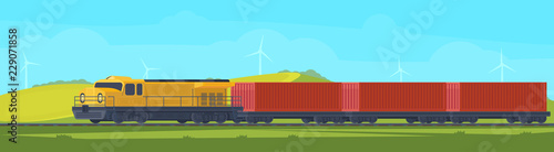 Freight train with container on railway car. Transportation by railroad. Nature landscape in a hilly area. Vector flat illustration.