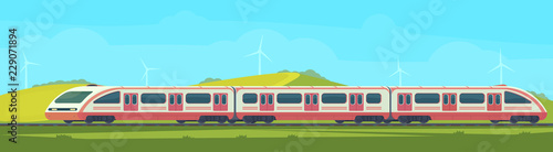 Passanger modern electric high-speed train with nature landscape in a hilly area. Railway transport. Travel by train. Vector flat illustation.