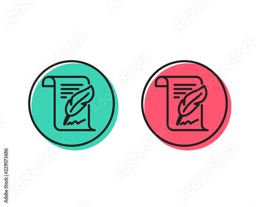 Feather signature line icon. Copywriting sign. Feedback symbol. Positive and negative circle buttons concept. Good or bad symbols. Feather Vector