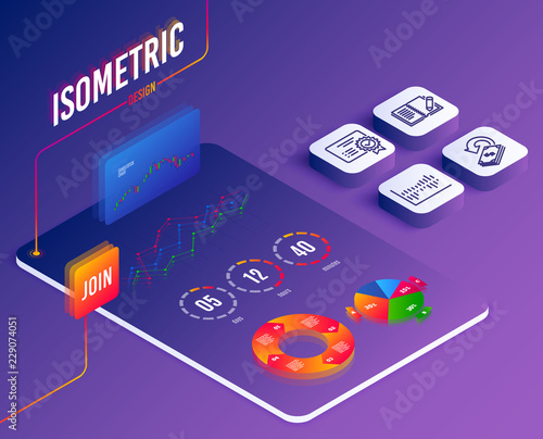 Isometric vector. Set of Certificate, Feedback and Cashback icons. Column diagram sign. Verified document, Book with pencil, Financial transfer. Sale statistics.  Software or Financial markets