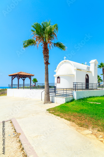 View of a church near the sea on shore near Protaras, Cyprus