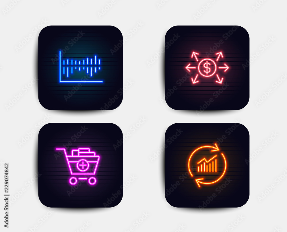 Neon glow lights. Set of Column diagram, Add products and Dollar exchange icons. Update data sign. Sale statistics, Shopping cart, Payment. Sales statistics. Neon icons. Glowing light banners. Vector Neon glow lights. Set of Column diagram, Add products and Dollar exchange icons. Update data sign. Sale statistics, Shopping cart, Payment. Sales statistics. Neon icons. Glowing light banners. Vector