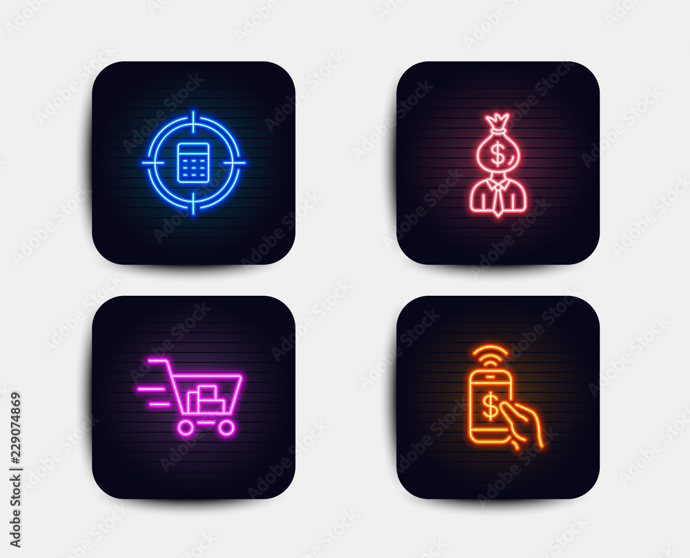 Neon glow lights. Set of Calculator target, Manager and Shopping cart icons. Phone payment sign. Audit, Work profit, Online buying. Mobile pay. Neon icons. Glowing light banners. Vector Neon glow lights. Set of Calculator target, Manager and Shopping cart icons. Phone payment sign. Audit, Work profit, Online buying. Mobile pay. Neon icons. Glowing light banners. Vector