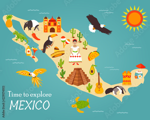 Canvas-taulu Map of Mexico with destinations, animals, landmarks