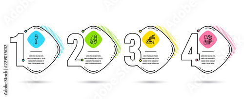Infographic template 4 options or steps. Set of Candy, Champagne glass and Hamburger icons. Mint bag sign. Lollypop, Winery, Burger with drink. Mentha tea.  Process diagram, workflow layout. Vector