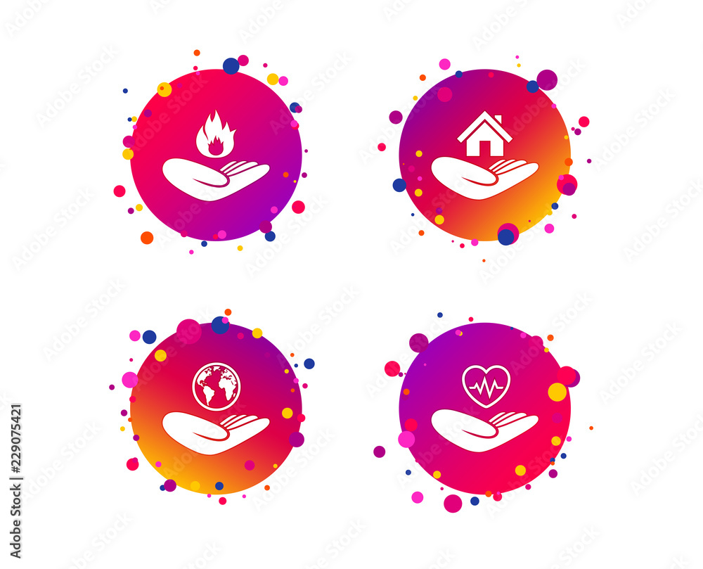 Helping hands icons. Health and travel trip insurance symbols. Home house or real estate sign. Fire protection. Gradient circle buttons with icons. Random dots design. Vector