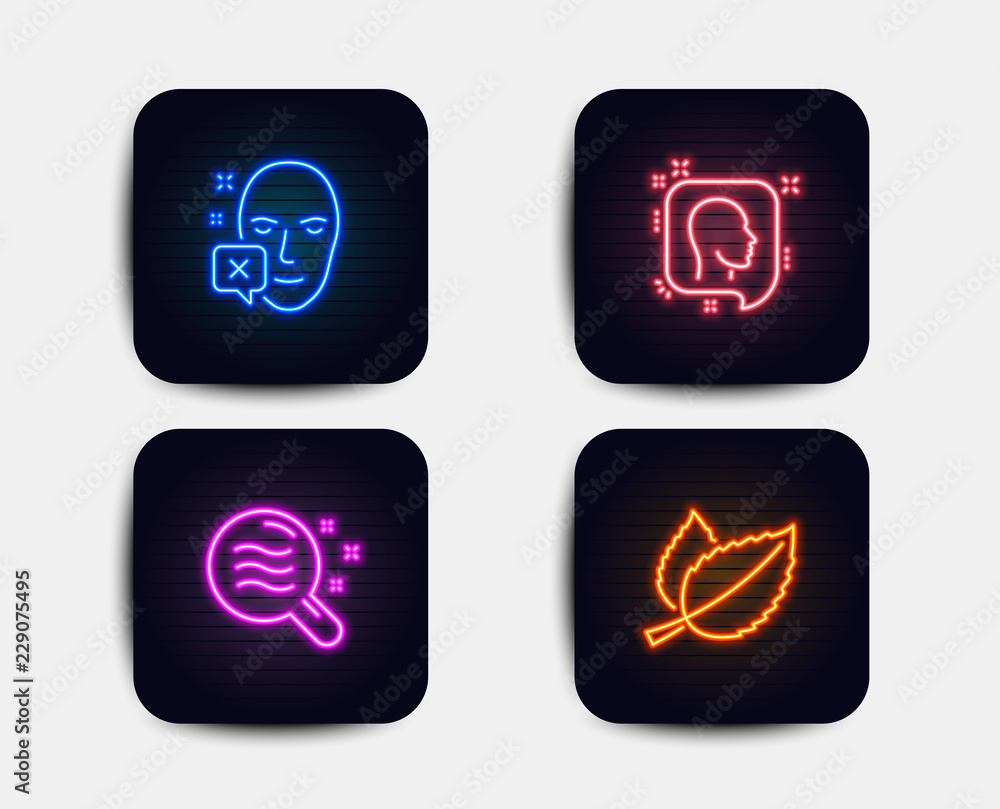 Neon glow lights. Set of Head, Skin condition and Face declined icons. Mint leaves sign. Profile messages, Search magnifier, Identification error. Mentha herbal. Neon icons. Glowing light banners Neon glow lights. Set of Head, Skin condition and Face declined icons. Mint leaves sign. Profile messages, Search magnifier, Identification error. Mentha herbal. Neon icons. Glowing light banners