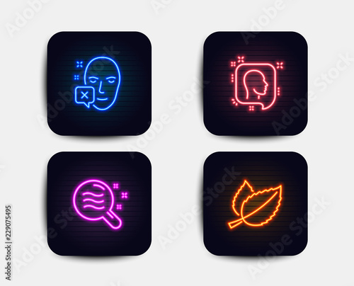 Neon glow lights. Set of Head, Skin condition and Face declined icons. Mint leaves sign. Profile messages, Search magnifier, Identification error. Mentha herbal.  Neon icons. Glowing light banners