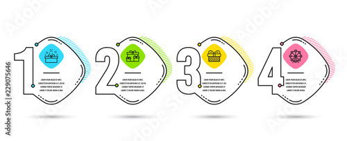 Infographic template 4 options or steps. Set of Surprise boxes, Gift and Present box icons. Ferris wheel sign. Holiday gifts, Present, Sale offer. Attraction park.  Process diagram, workflow layout