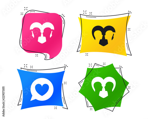 Couple love icon. Lesbian and Gay lovers signs. Romantic homosexual relationships. Speech bubble with heart symbol. Geometric colorful tags. Banners with flat icons. Trendy design. Vector