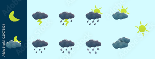 Set of Modern Weather Forecast Icons with cloud, sun, moon, rain, snow, lightning, hail. Isolated Vector Icon Pack Low Poly 3D Rendering