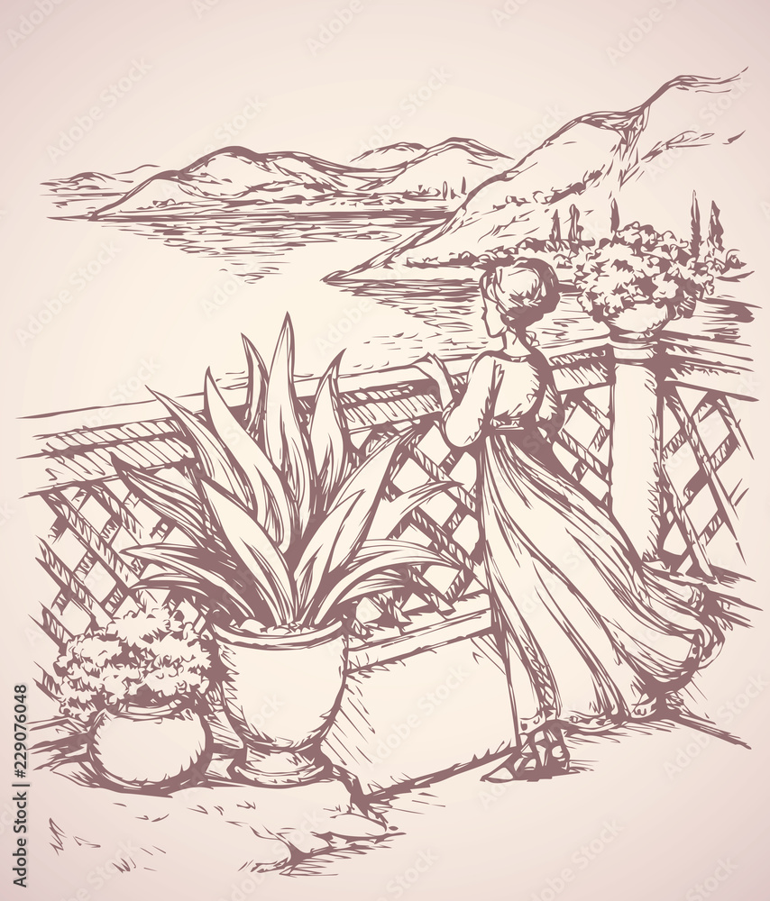 Woman on terrace. Vector drawing