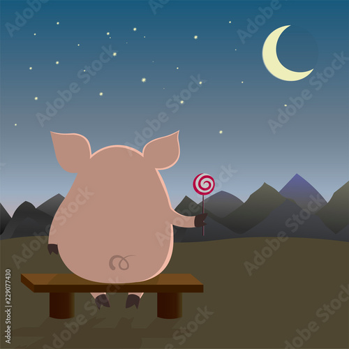 Cartoon pig sitting on the bench and looking at night landscape. Vector illustration.