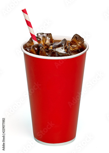Fotografie Cola with ice and straw in blank red take away paper cup isolated on white backg