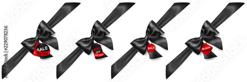 Set of black bows with diagonally ribbons, shadows and sale labels and tags on white background